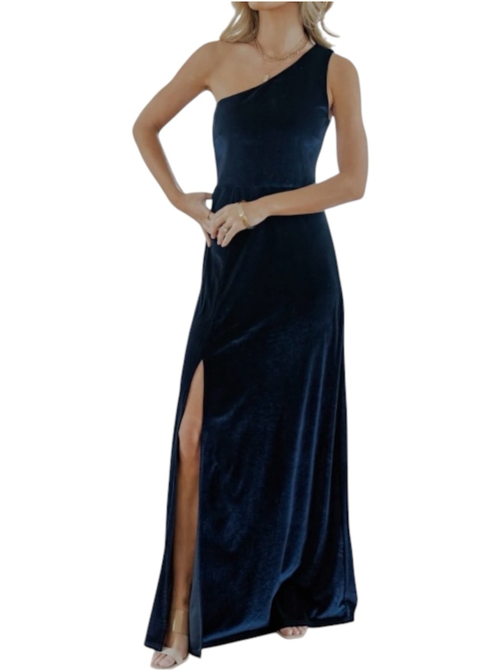 Baltic Born Tatiana Velvet One Shoulder Side Slit Maxi Dress Navy Blue Size XL